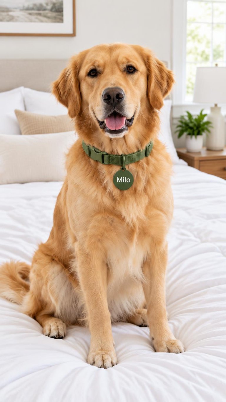 AI photo of a Golden Retriever wearing a green collar with a round name tag reading Milo