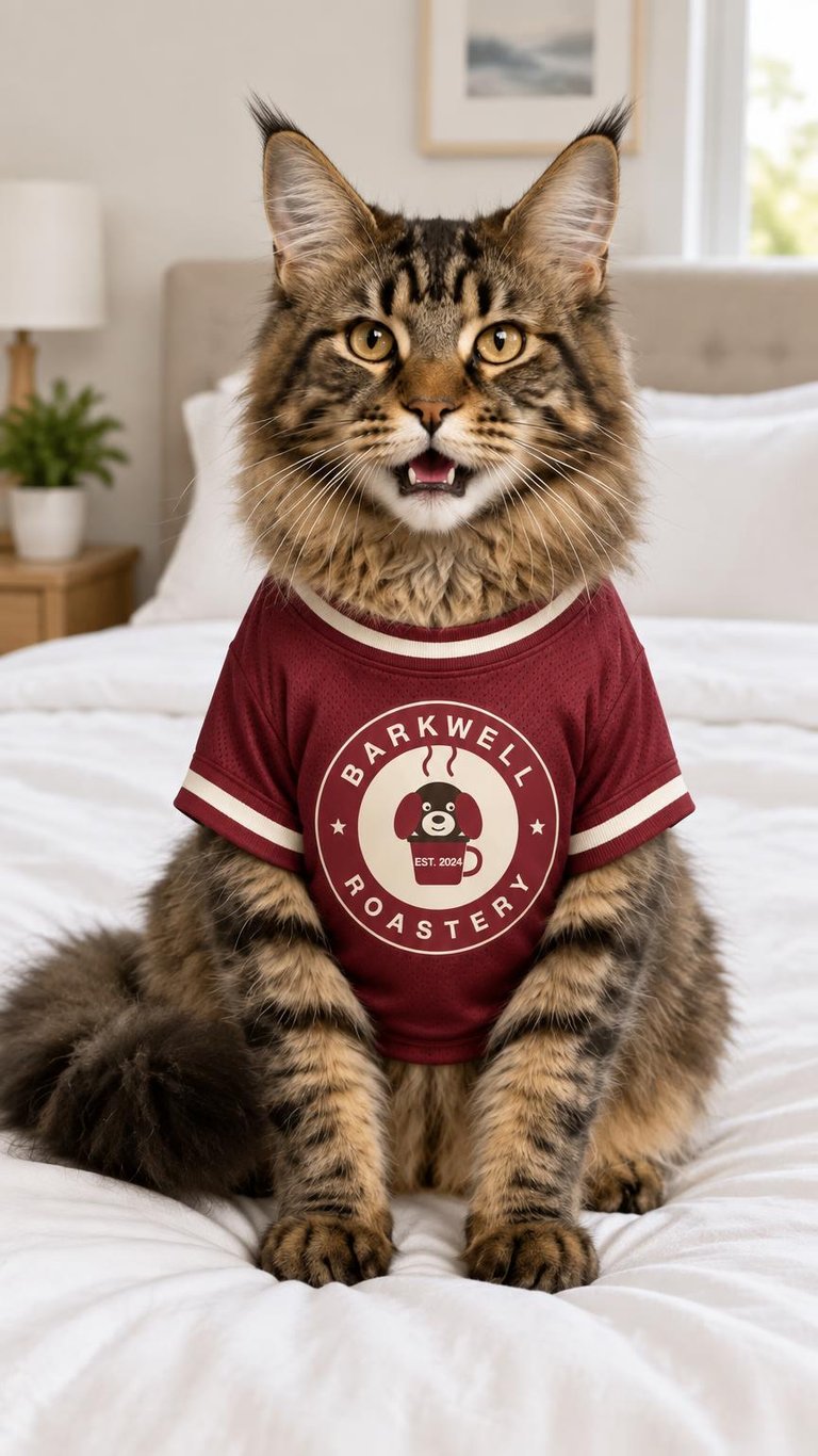 AI photo of a Maine Coon cat wearing a burgundy sports jersey with a round brand logo