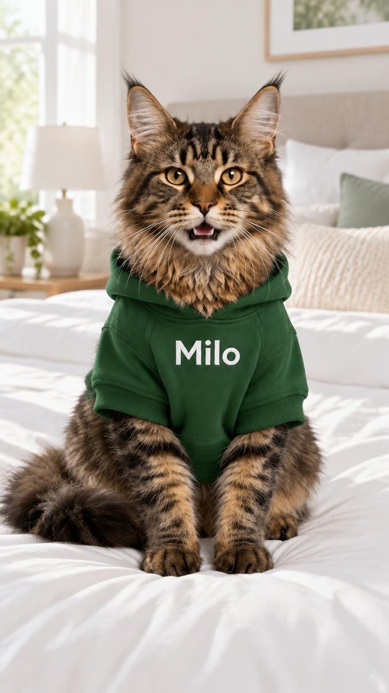 AI photo of a Maine Coon cat wearing a green hoodie with the name Milo printed on it