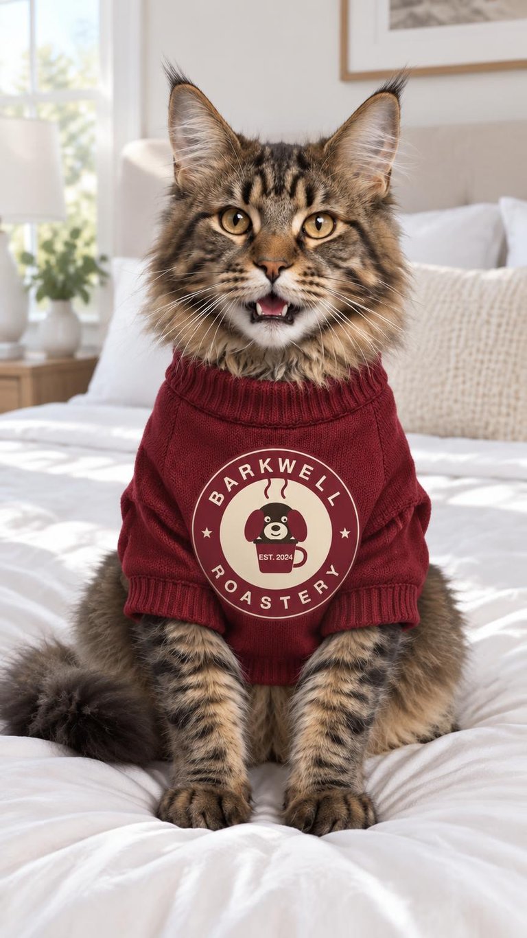 AI photo of a Maine Coon cat wearing a burgundy knit sweater with a round brand logo