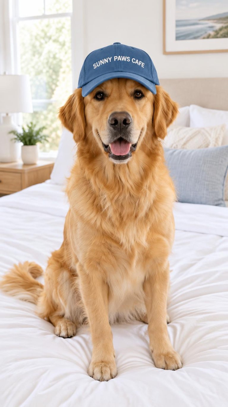 AI photo of a Golden Retriever wearing a blue baseball cap with Sunny Paws Cafe on the front