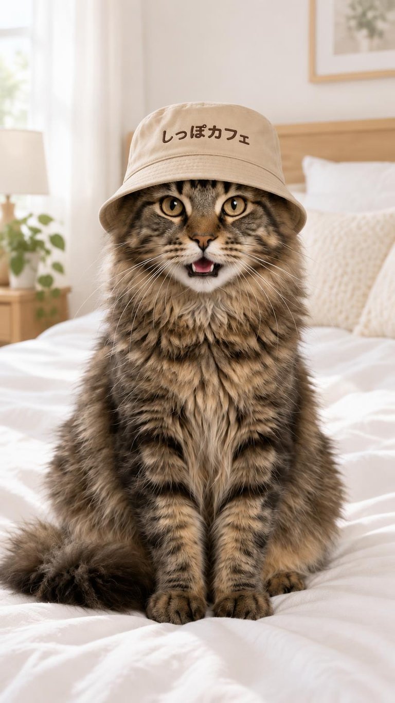 AI photo of a Maine Coon cat wearing a beige bucket hat with Japanese text しっぽカフェ