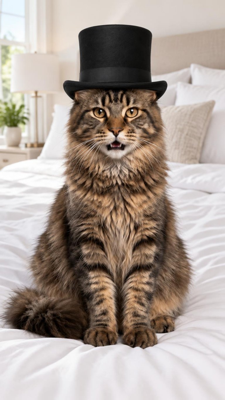AI photo of a Maine Coon cat wearing a plain black top hat
