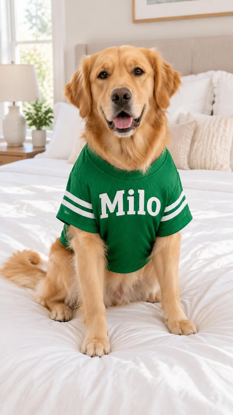 AI photo of a Golden Retriever wearing a green and white sports jersey with Milo across the chest