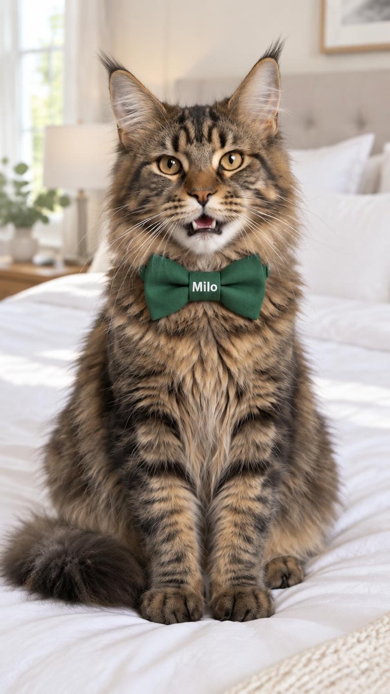 AI photo of a Maine Coon cat wearing a green bow tie with small text reading Milo