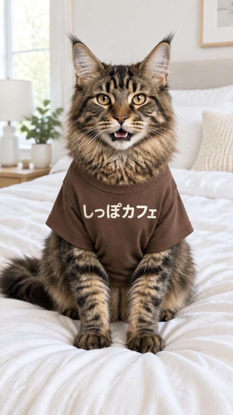 AI photo of a Maine Coon cat wearing a brown t-shirt with Japanese text しっぽカフェ