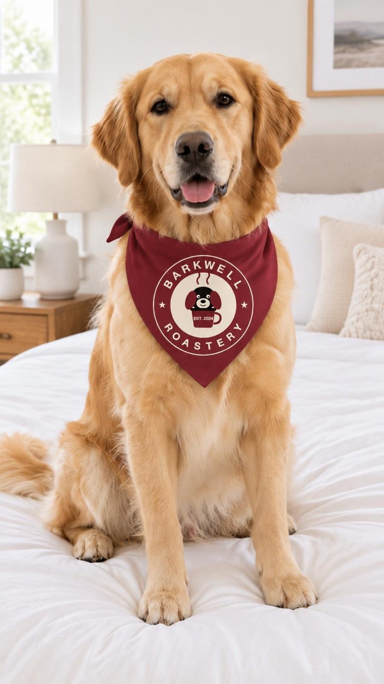 AI photo of a Golden Retriever wearing a burgundy bandana with a round brand logo