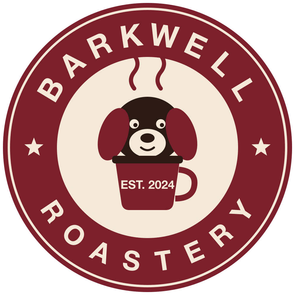 Round burgundy Barkwell Roastery example logo with a puppy in a coffee cup