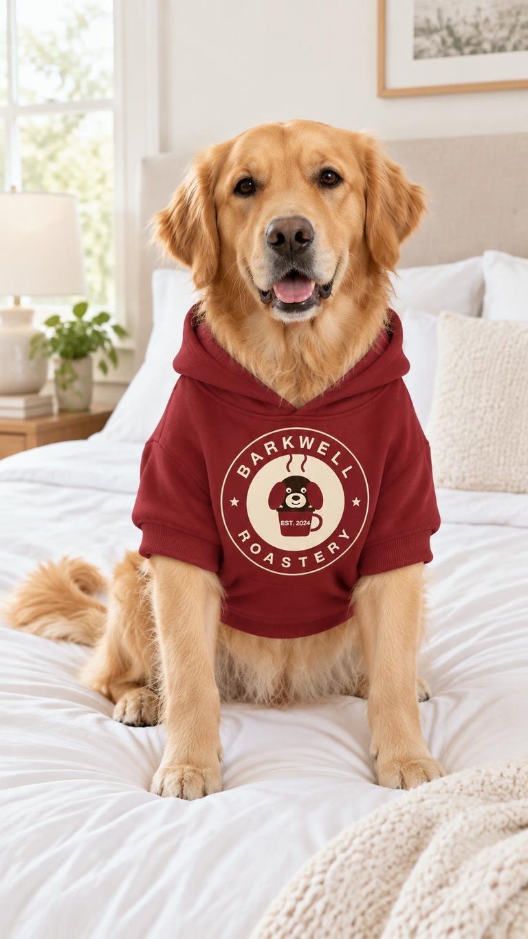 AI photo of a Golden Retriever wearing a burgundy hoodie printed with a round coffee brand logo