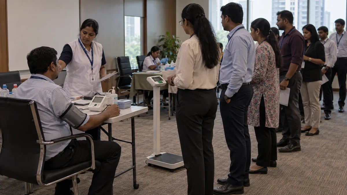 A clinic team running a corporate health checkup camp in an office conference room