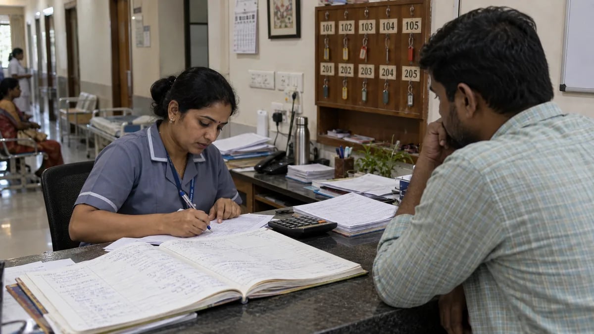 Nursing home reception managing beds and discharge bills by hand in paper registers