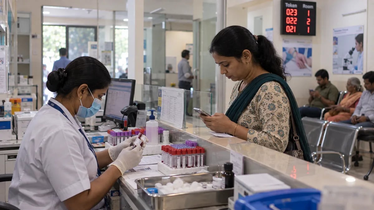 Diagnostic lab collection counter where a patient checks her report on her phone
