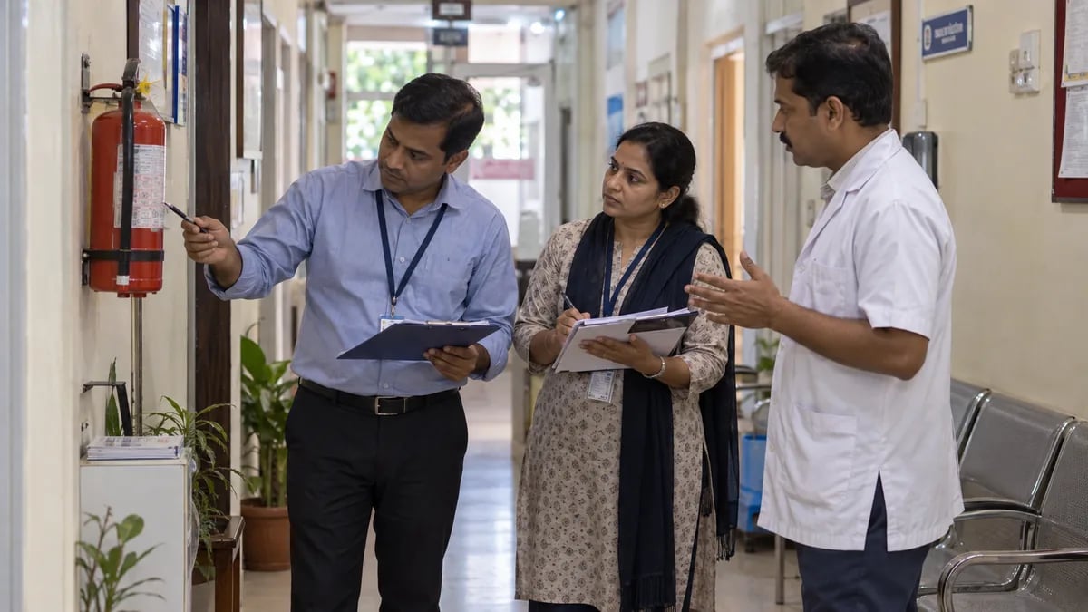 An accreditation assessment team walking through a clinic with the owner during a site visit