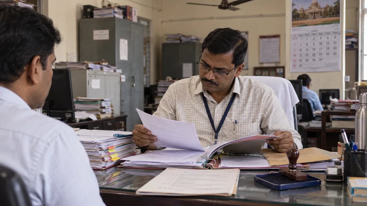A district verifying officer reviewing a clinic's facility registration documents before approval