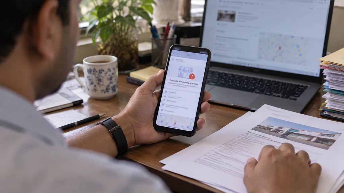 A clinic owner looking at a notification on his phone about his business listing being under review