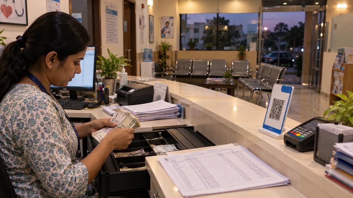 Clinic receptionist reconciling cash, UPI and card payments against the day report at closing time
