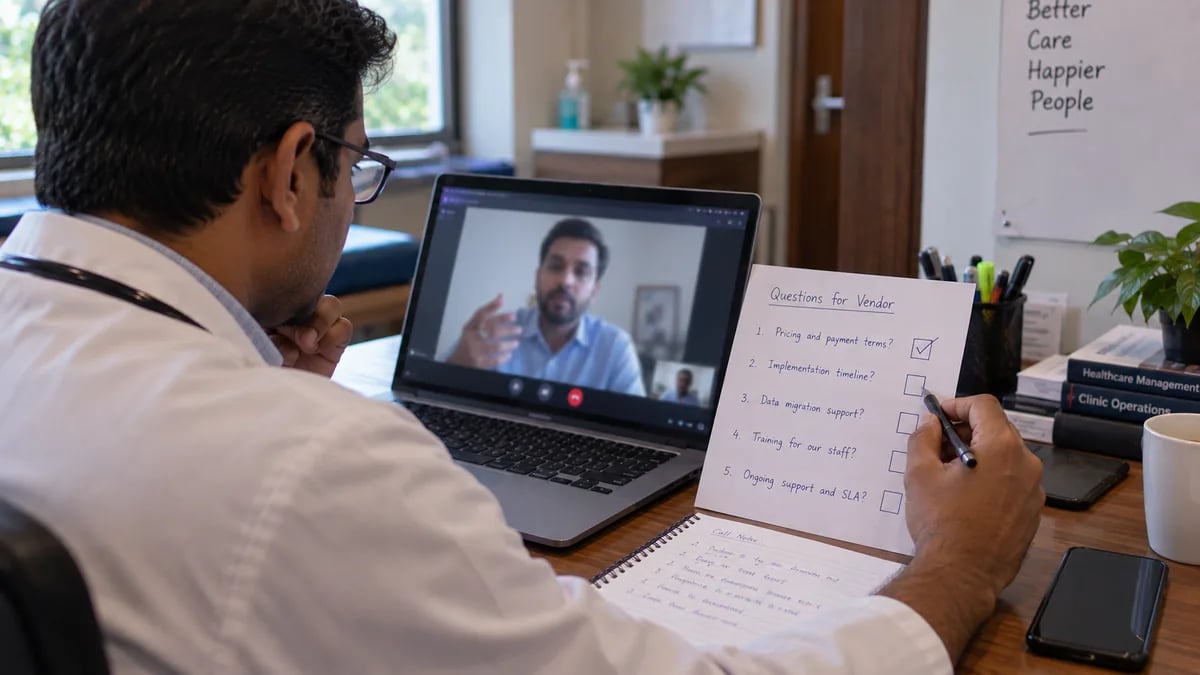 A clinic owner working through a printed list of five questions during a vendor demo call