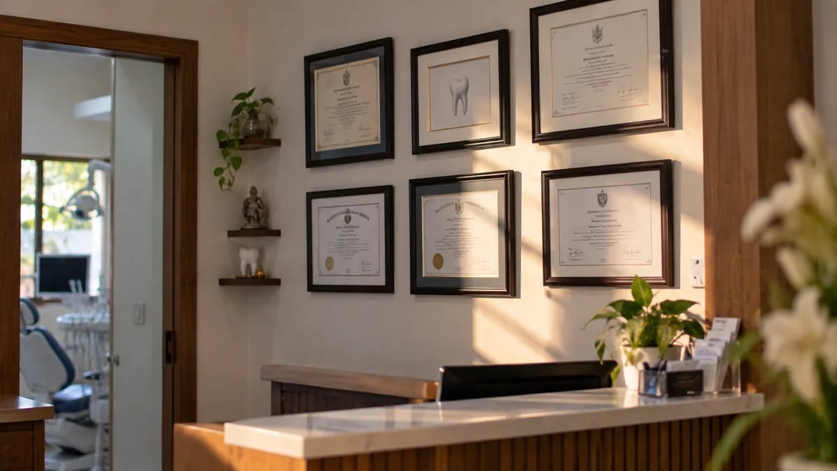 Framed dental degree and registration certificates on a clinic wall
