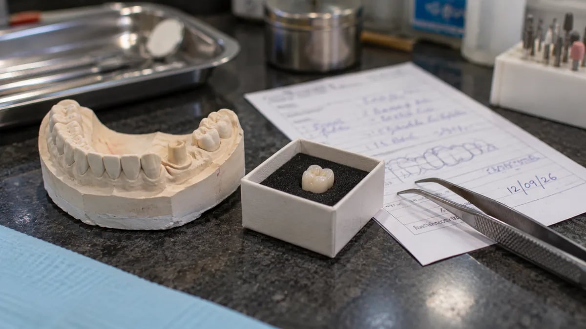 A dental lab case with a plaster model, a crown and a lab docket with its due date