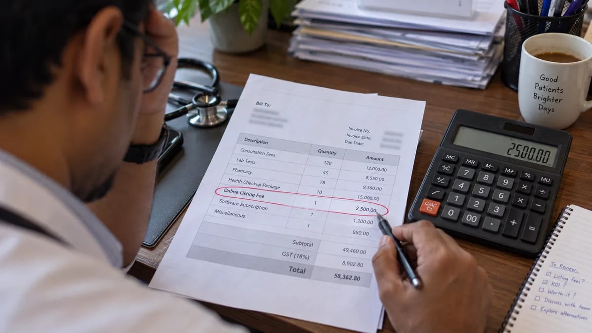 A clinic owner circling a listing fee on a printed monthly invoice