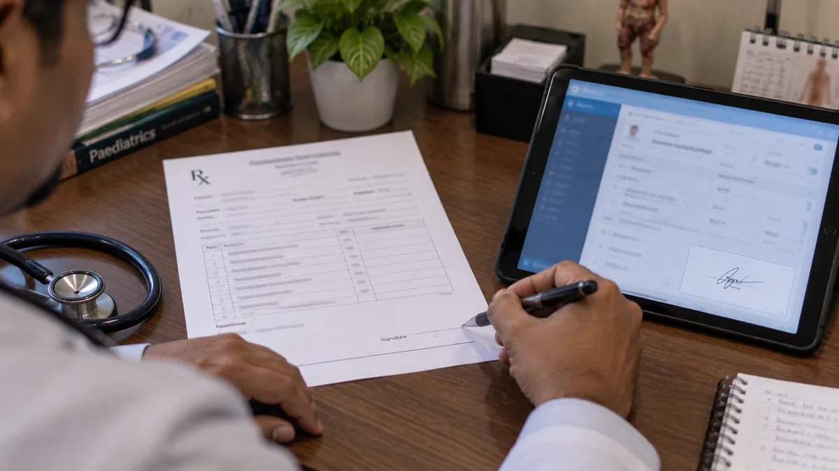 Comparing a handwritten signature on a printed prescription with a digital signature pad on a tablet