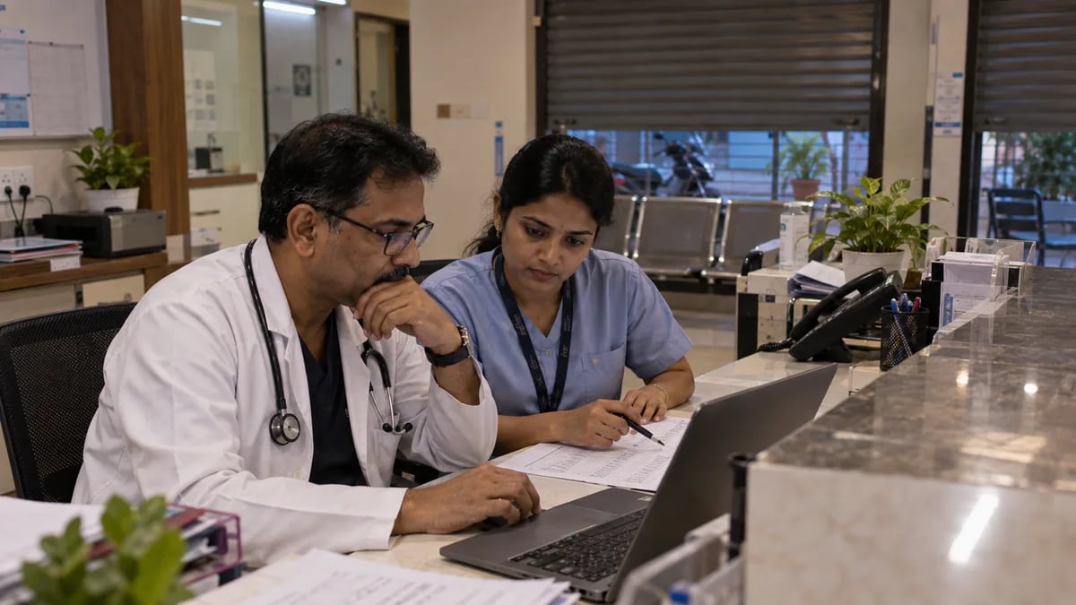 A doctor and receptionist setting up visit types, fees and reminder timing together after clinic hours