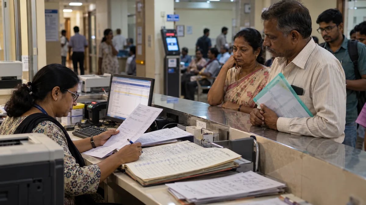 Hospital billing clerk checking a discharge bill against the old paper ledger during a system changeover