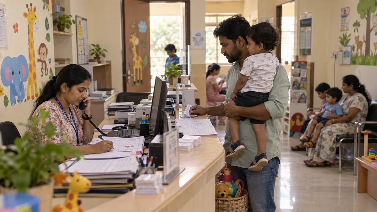Clinic receptionist taking a phone booking while a walk-in father and child wait