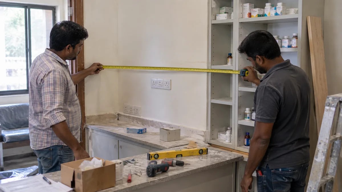 Measuring out a small clinic pharmacy counter and storage area during setup
