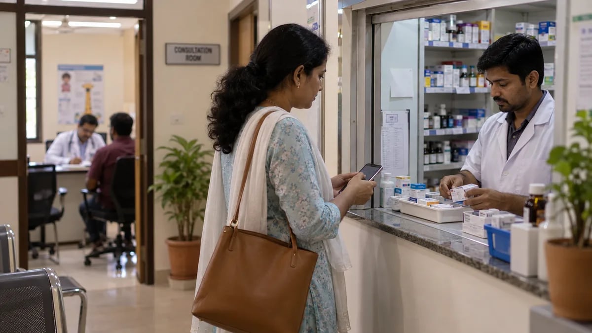 Patient walking from the consultation room to the clinic dispensary where medicines are already laid out