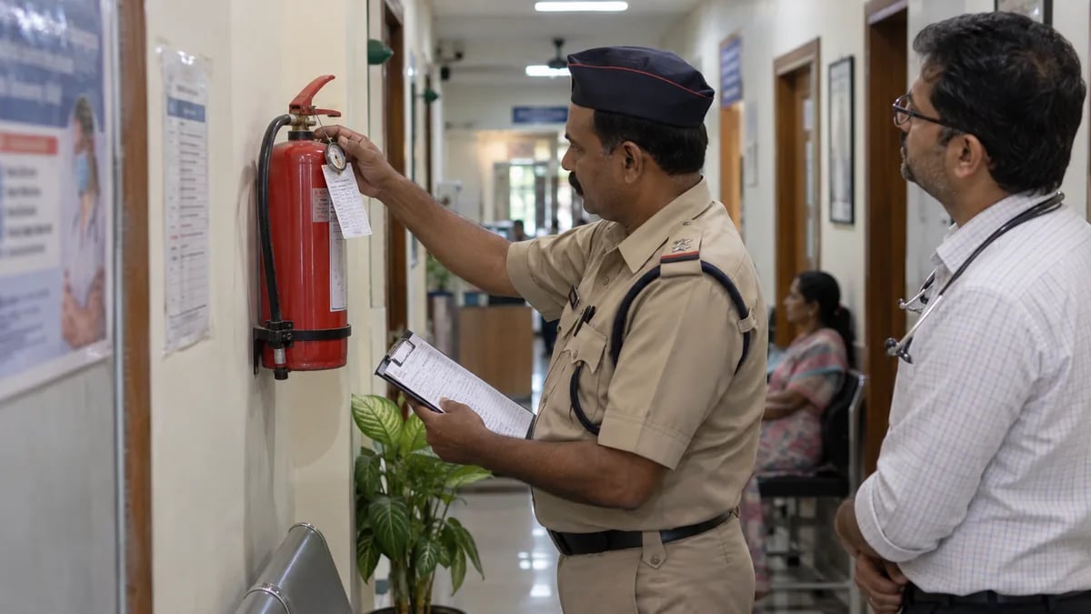 A fire safety officer inspecting a clinic's fire extinguisher during a clearance check