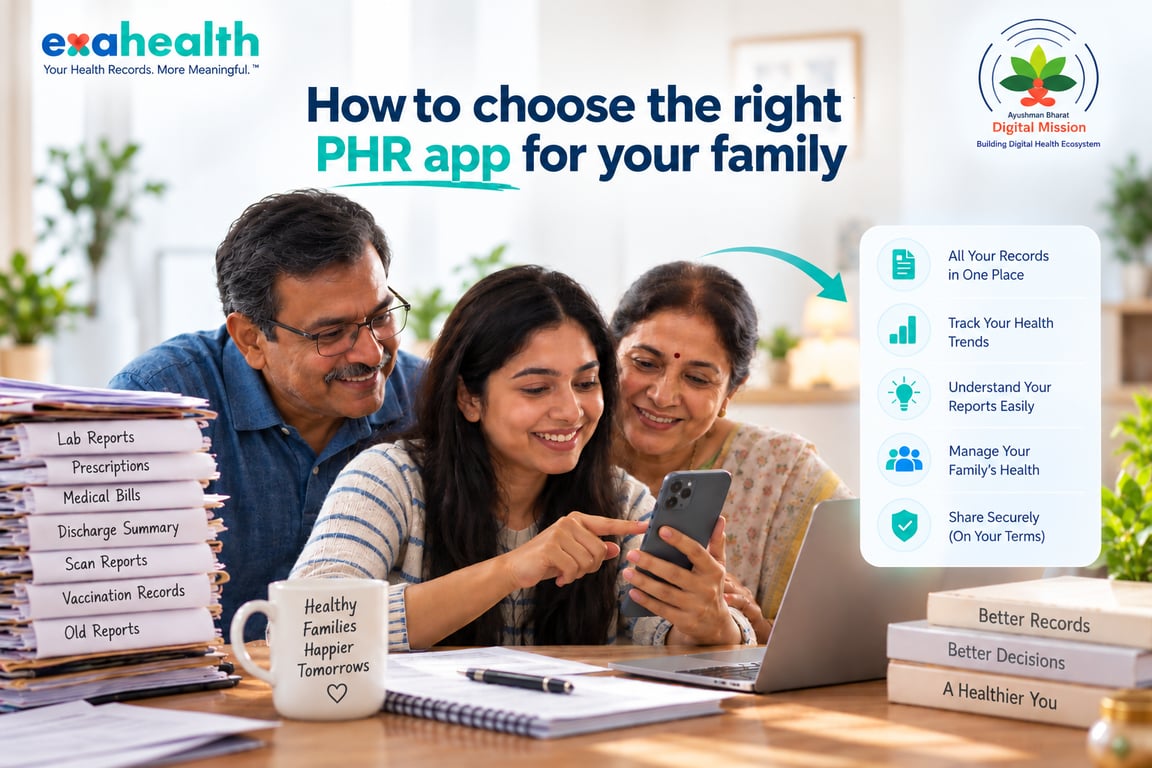 Indian family using a PHR app to manage ABHA health records, medical reports, health trends and secure health data sharing