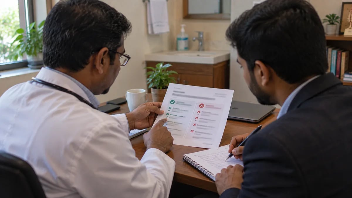 A doctor briefing a marketing consultant with a short written list of rules to follow