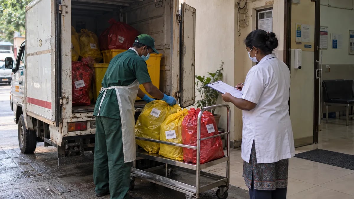 A common biomedical waste treatment facility van collecting sealed, labelled bags from a clinic