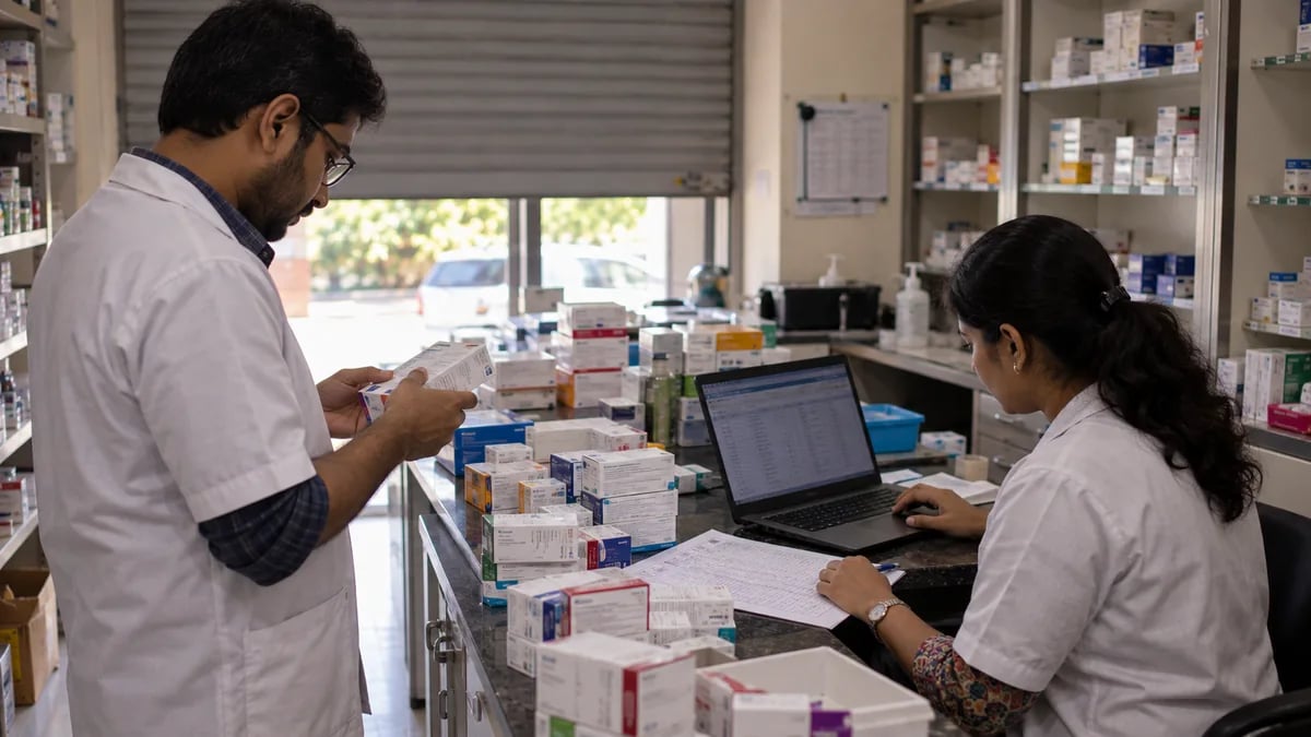 Two clinic staff entering batch numbers and expiry dates for every box during a Sunday stock-take