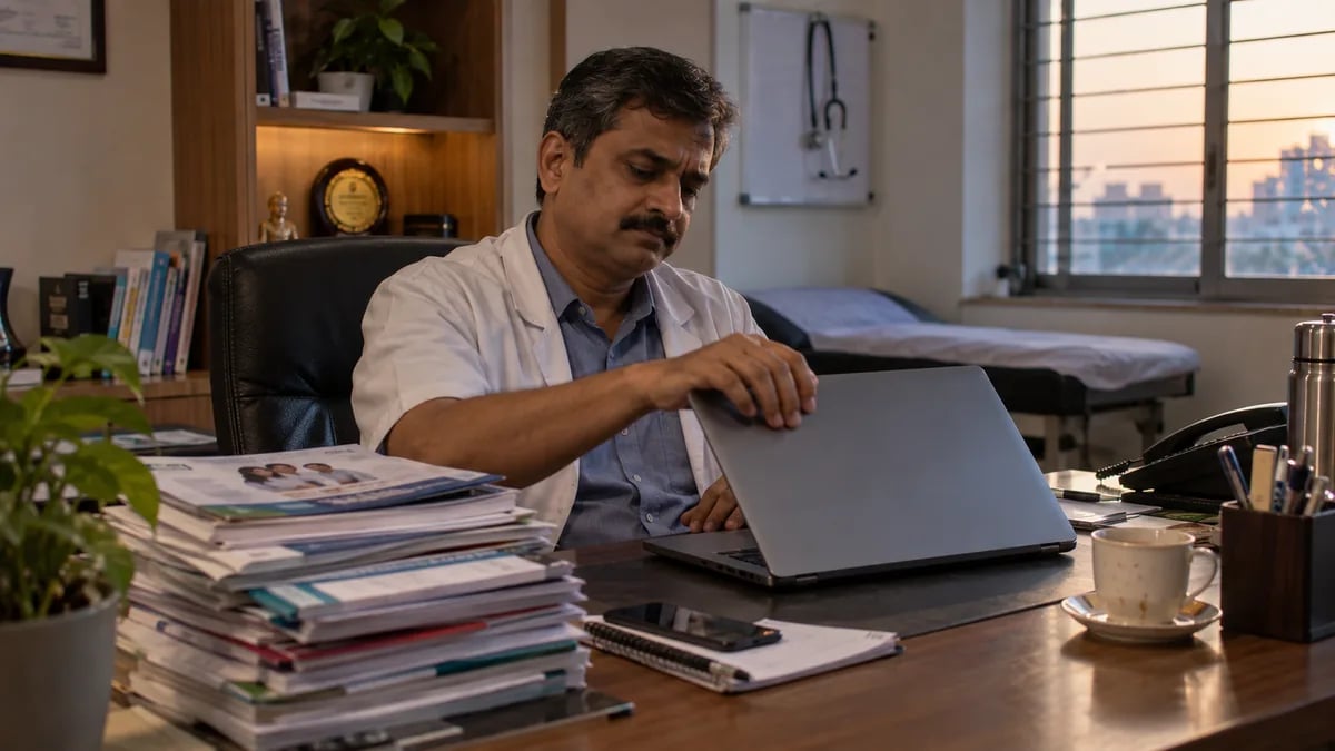 A clinic owner ending a vendor call and setting the brochures aside