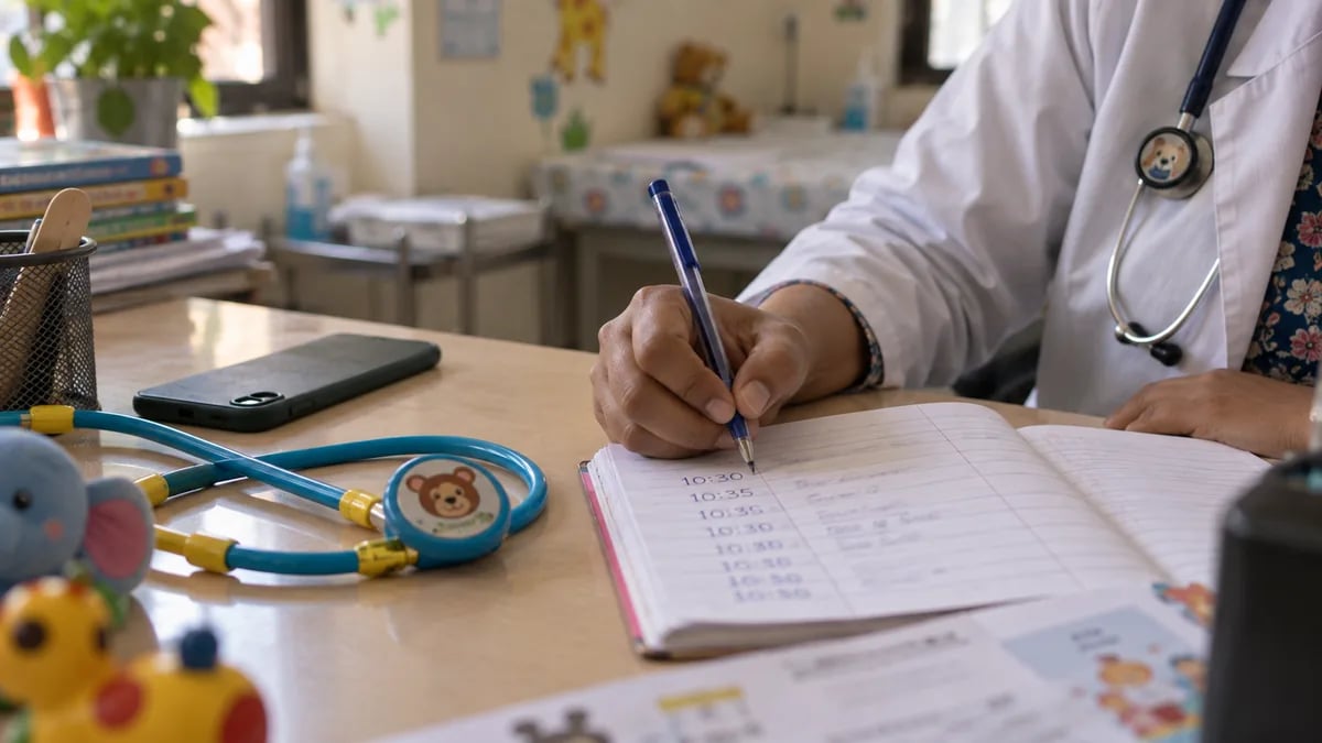 A doctor's handwritten script of a normal clinic morning prepared before a software demo