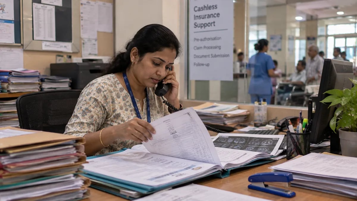 Hospital insurance desk staff assembling a cashless claim file while calling the insurer
