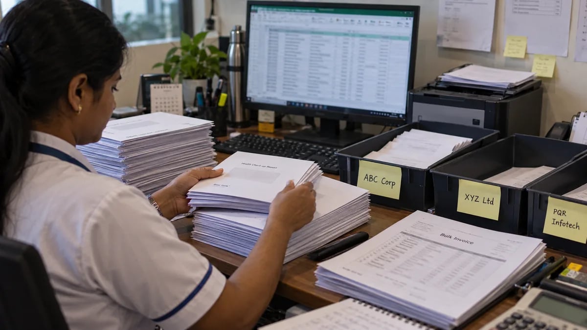 Clinic staff sorting a large batch of corporate health checkup reports for one company