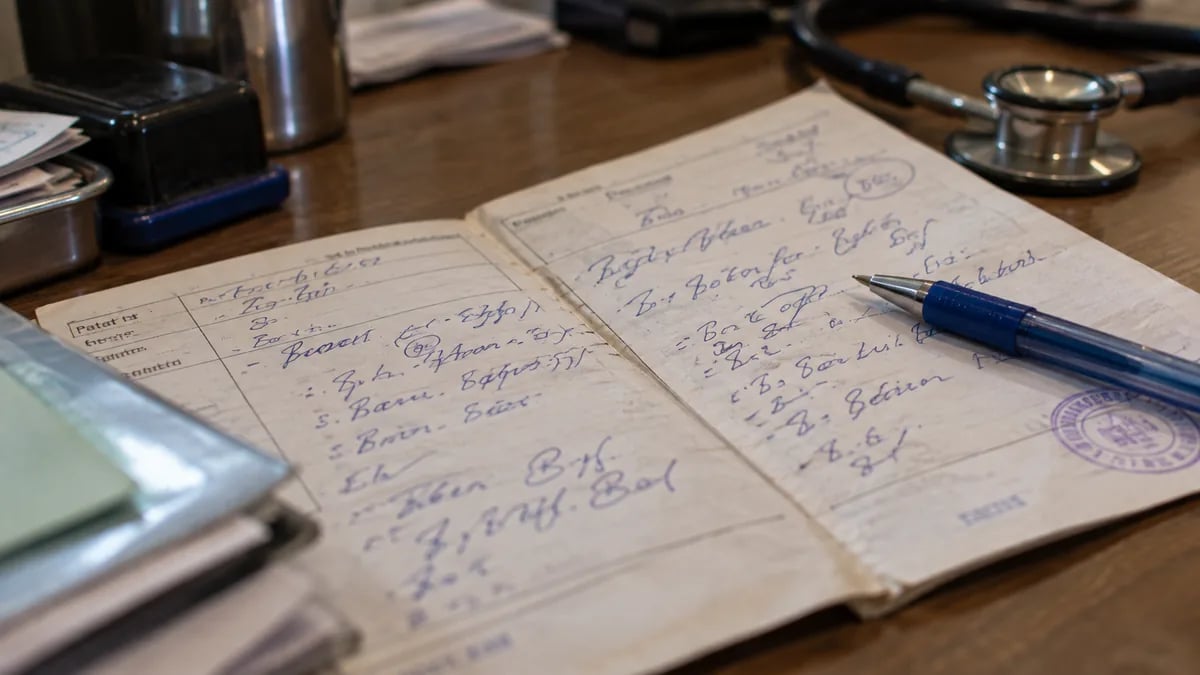A doctor's handwritten shorthand on an old OPD card, clear to the writer but not to software