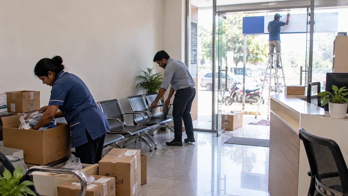 A clinic opening its second branch, with staff setting up the new waiting area