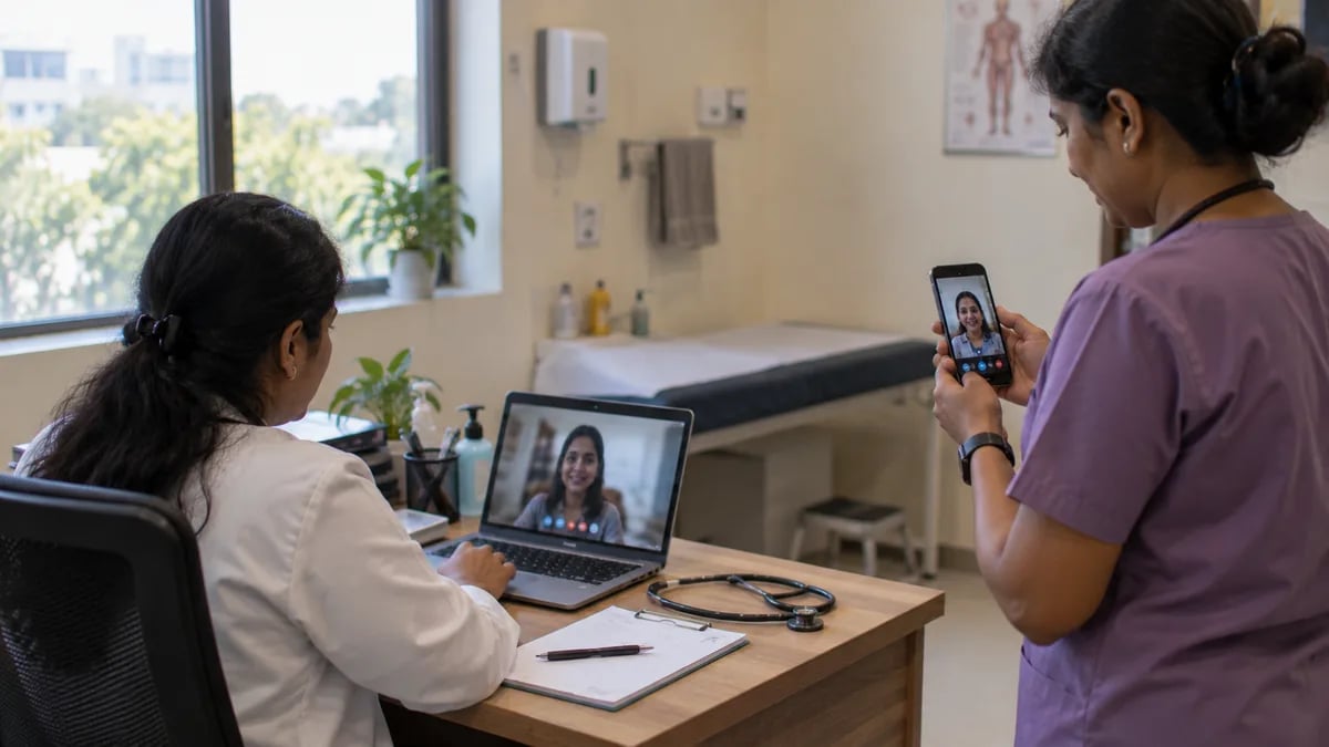 Clinic staff running a test video consultation between a laptop and a phone before going live