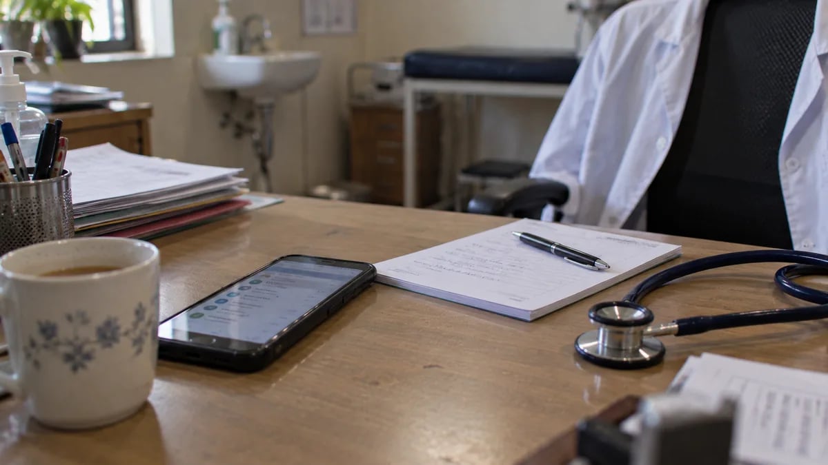 A phone on the consultation desk showing the day's patient queue