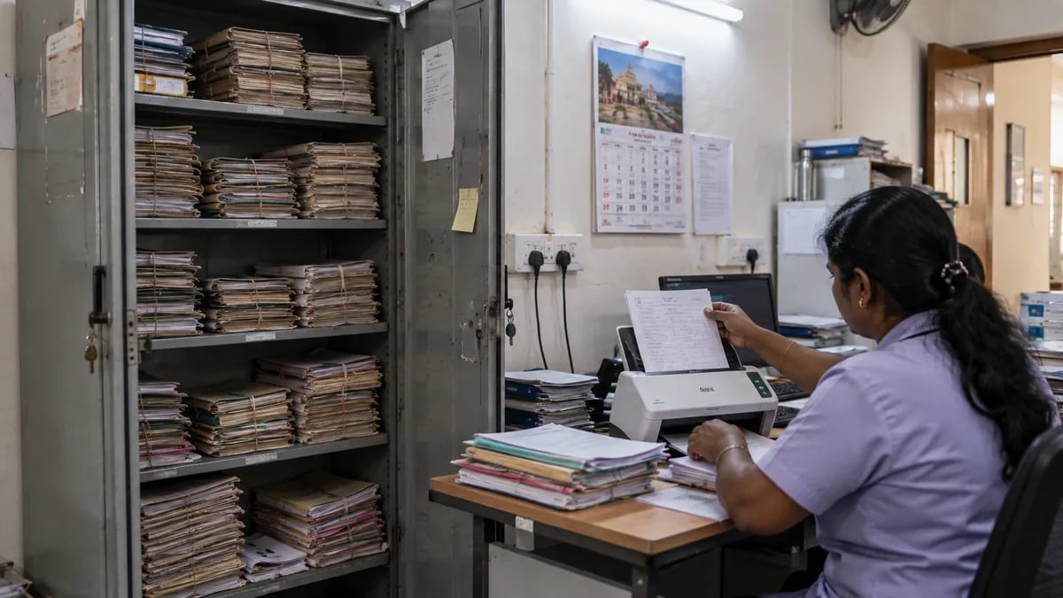 Clinic staff scanning old paper patient files into the system