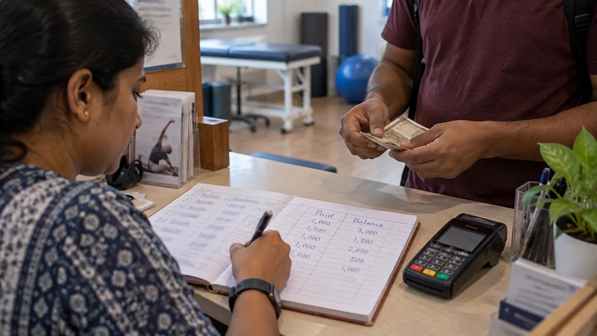 A patient making a partial payment on a physiotherapy package at the clinic counter