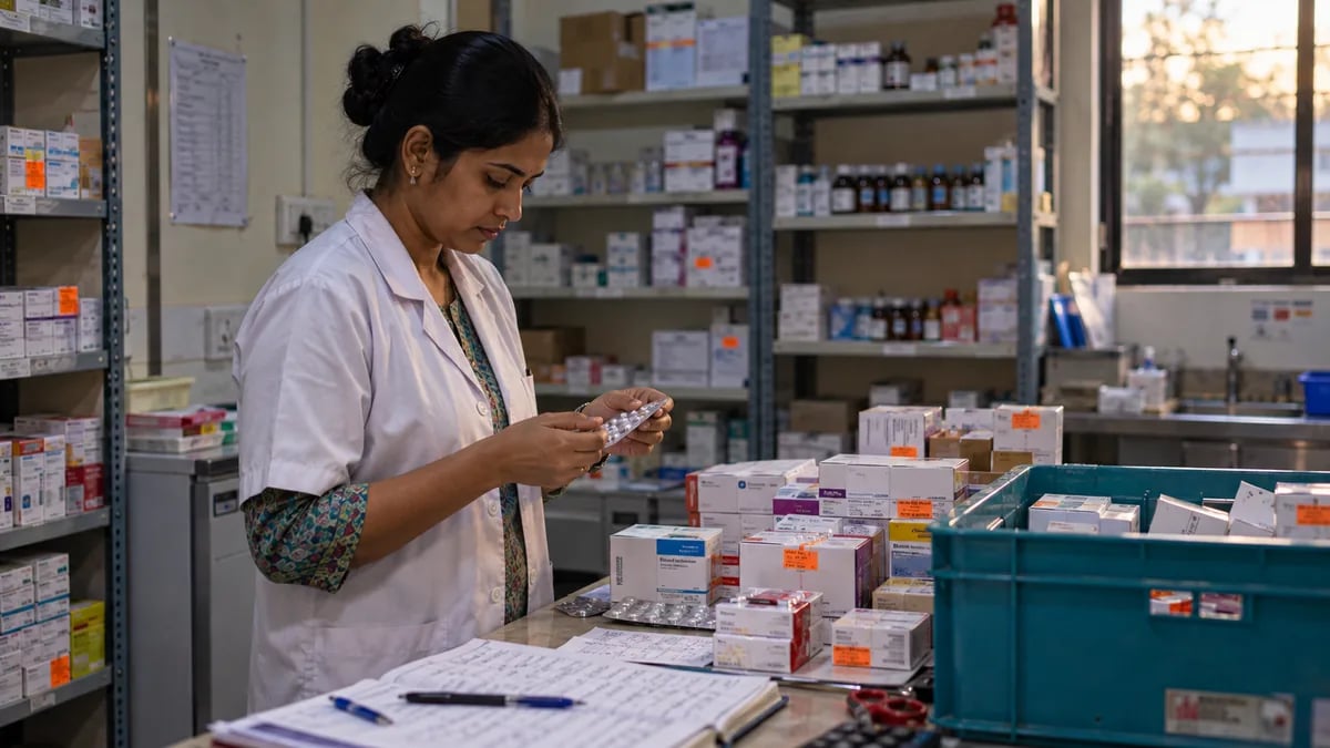 Pharmacist checking batch and expiry dates while setting up clinic pharmacy stock