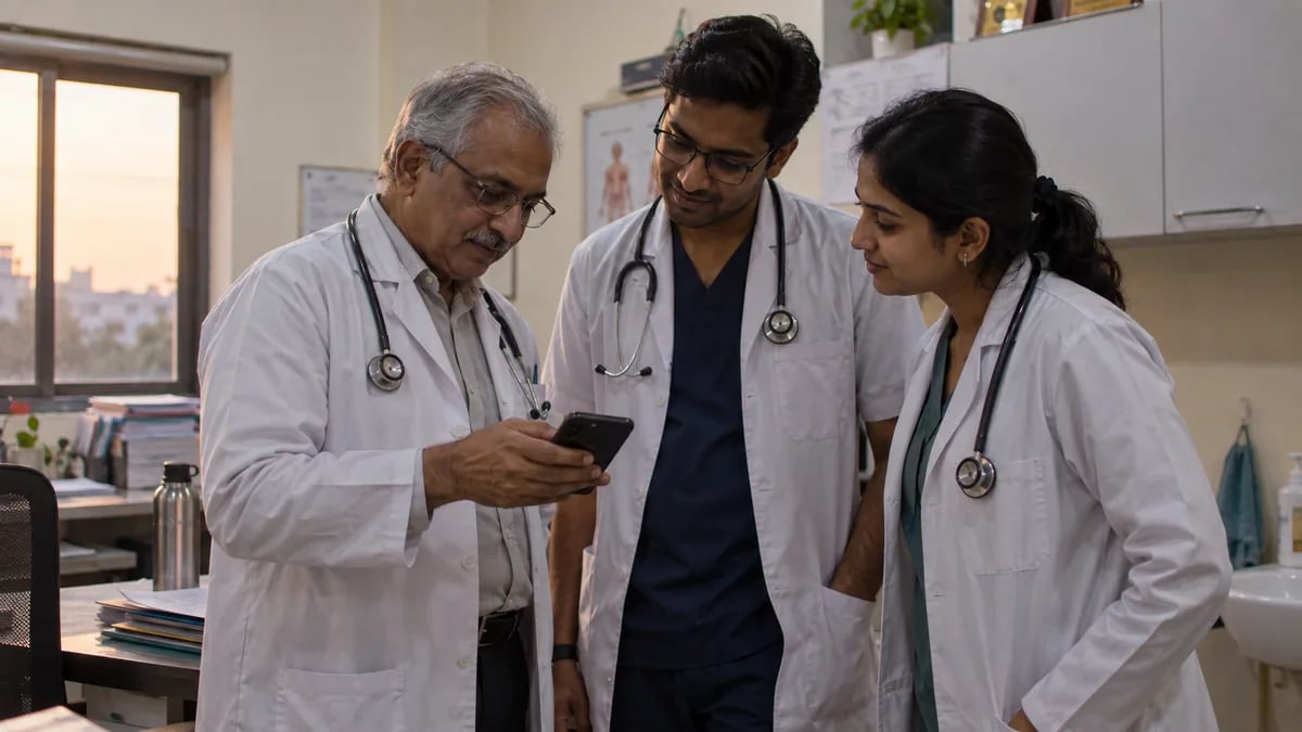 Doctors of different ages going through a new clinic app together after OPD