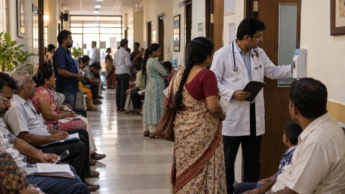 A crowded Monday morning OPD corridor with the doctor calling the next patient