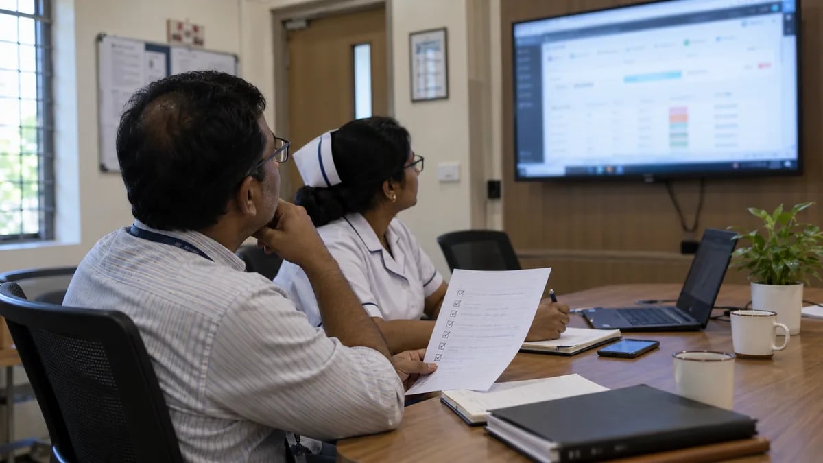 Hospital administrator and senior nurse questioning a software vendor during a demo