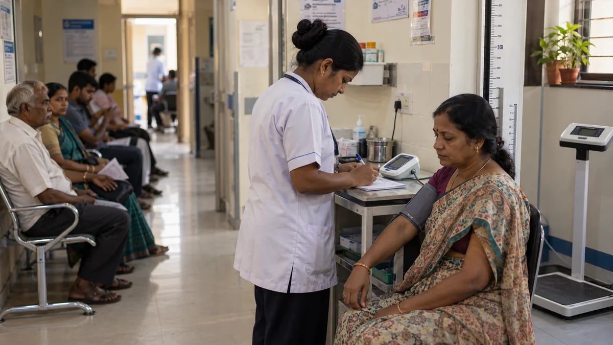 A nurse noting a patient's blood pressure on a paper slip at the OPD vitals corner